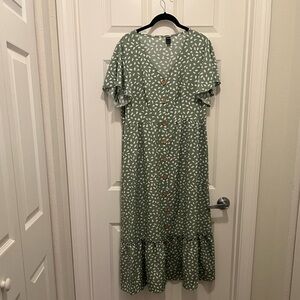 SHEIN Green Dot Midi Dress with Tie